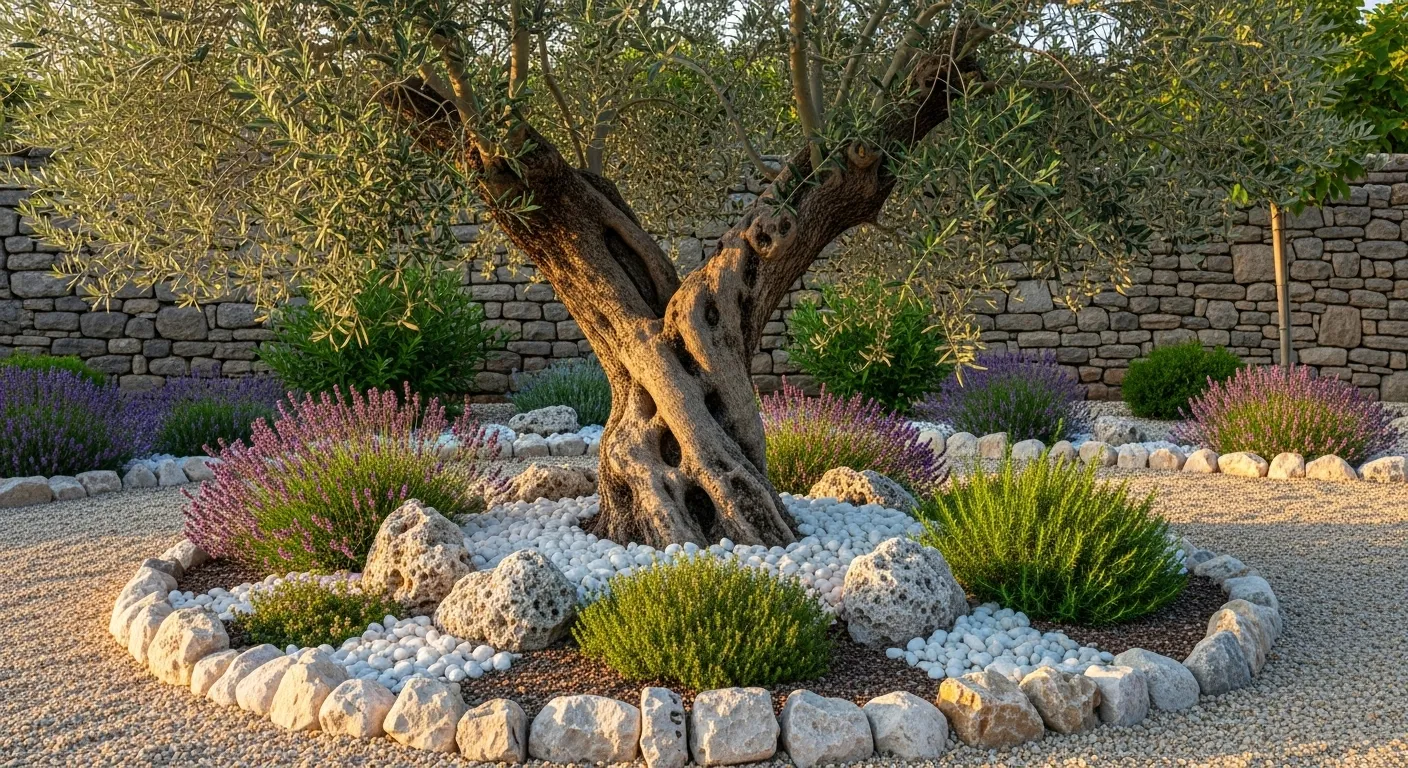 Rocaille avec un olivier et des plantes aromatiques