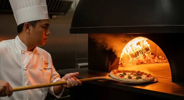 Cuisson d'une pizza dans un four professionnel à haute température