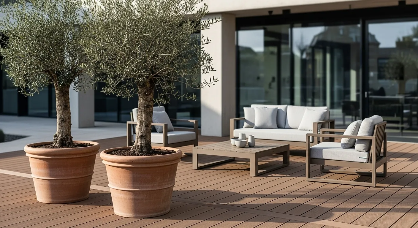 duo-oliviers-terrasse-moderne Photos d'olivier en pot sur une terrasse