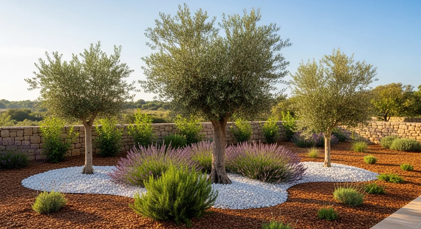 massif-olivier-jardin-sec Photo d'un massof avec trois oliviers