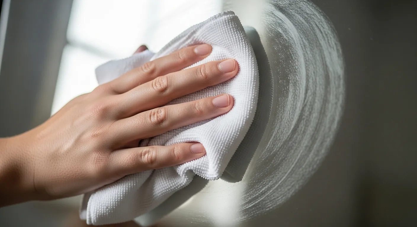 Frotter un miroir rayé avec un chiffon et du bicarbonate