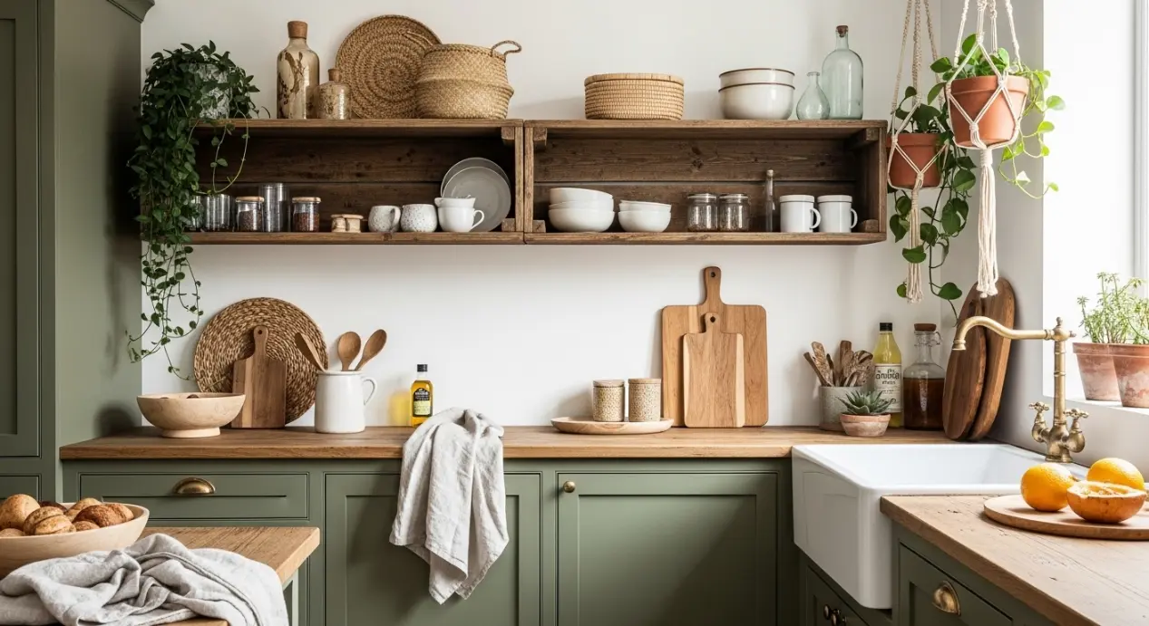 Inspiration et décoration d'une cuisine verte avec du bois