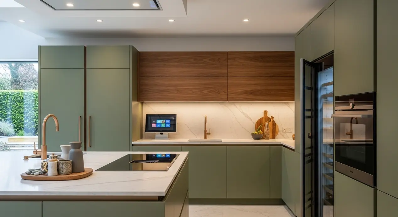 Cuisine moderne vert olive et bois