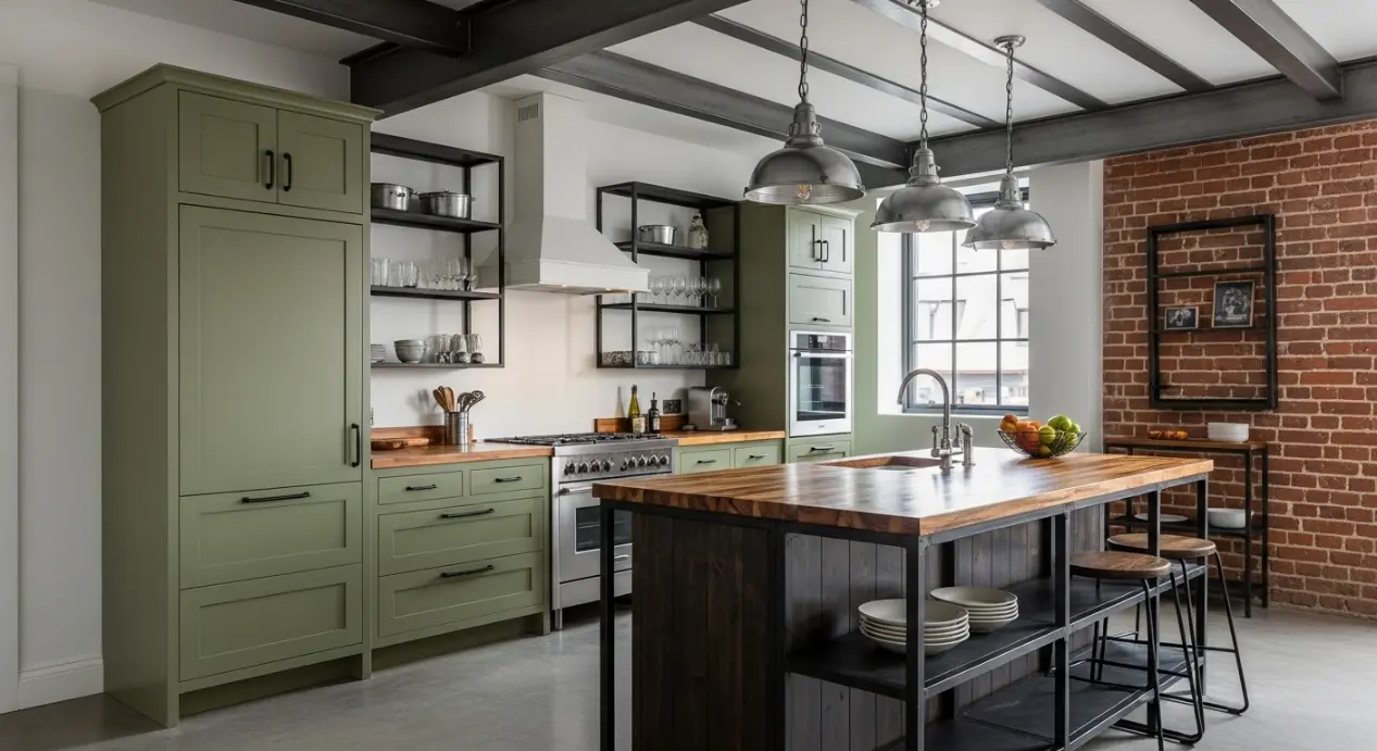 Cuisine industrielle verte olive et bois