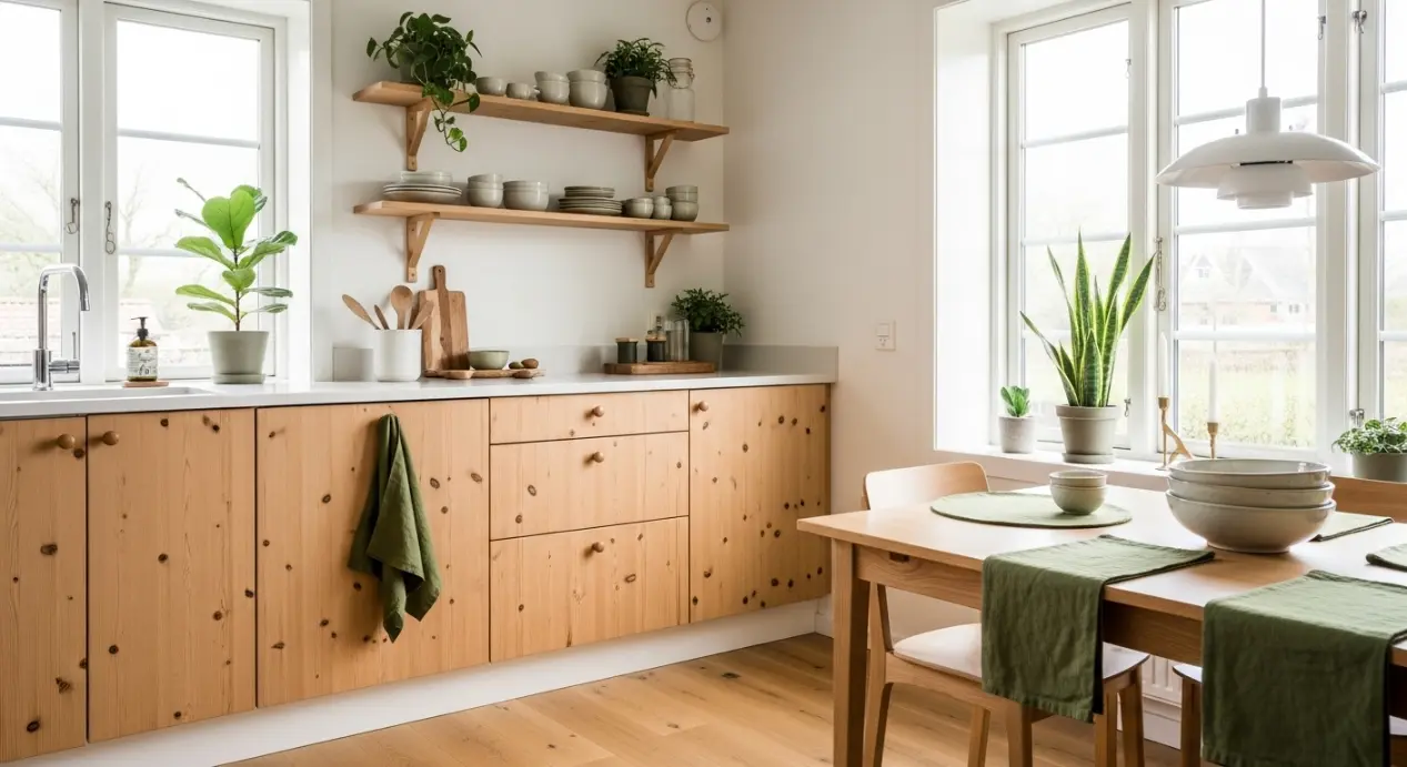 Cuisine verte et bois dans un style scandinave