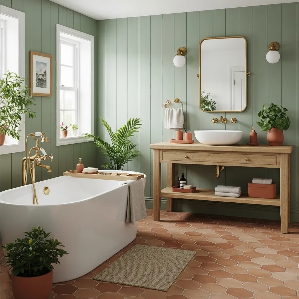 Salle de bain terracota et vert sauge