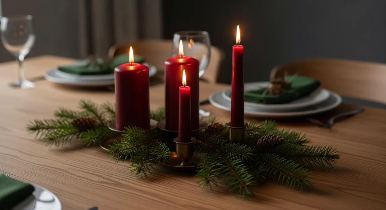 Bougies rouges et branches de sapin vertes