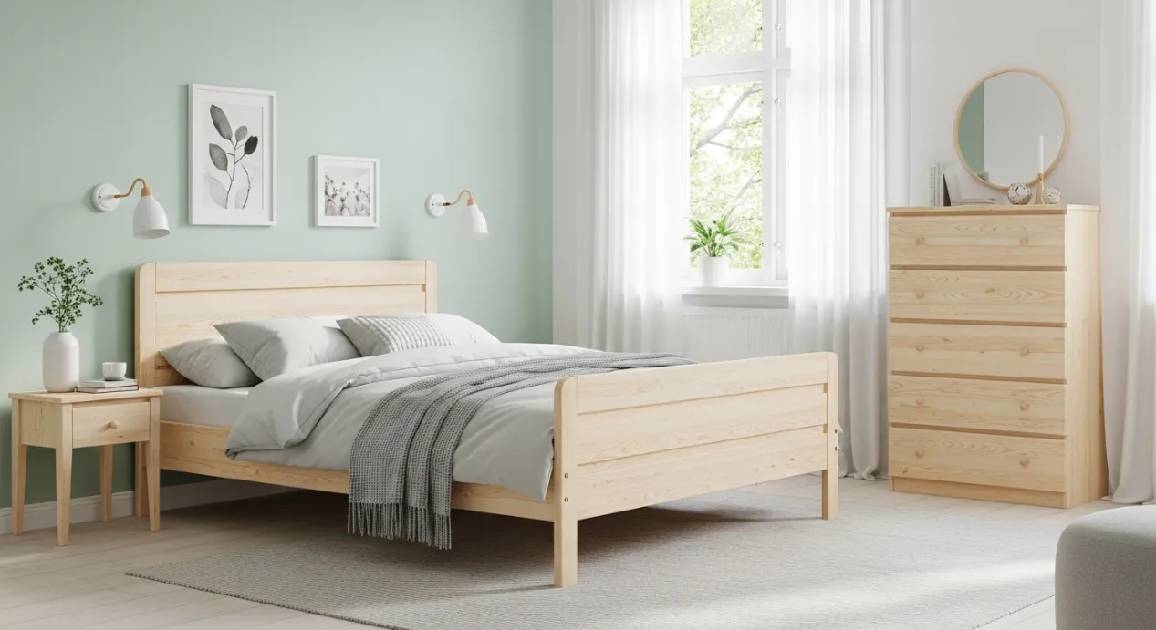 Chambre verte et bois avec une déco scandinave