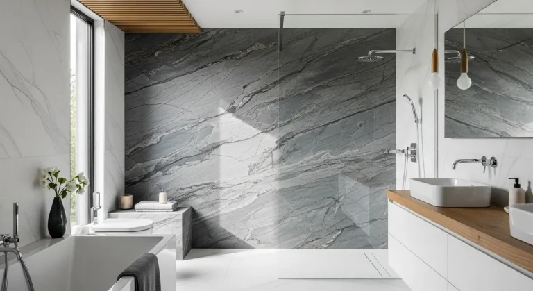 Salle de bain avec feuille de pierre