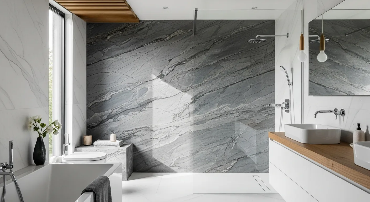 Salle de bain avec feuille de pierre