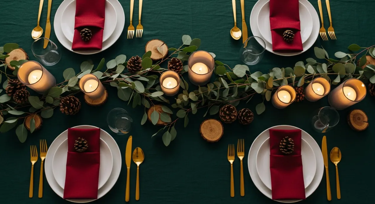 Décoration verte et rouge pour une table de Noel