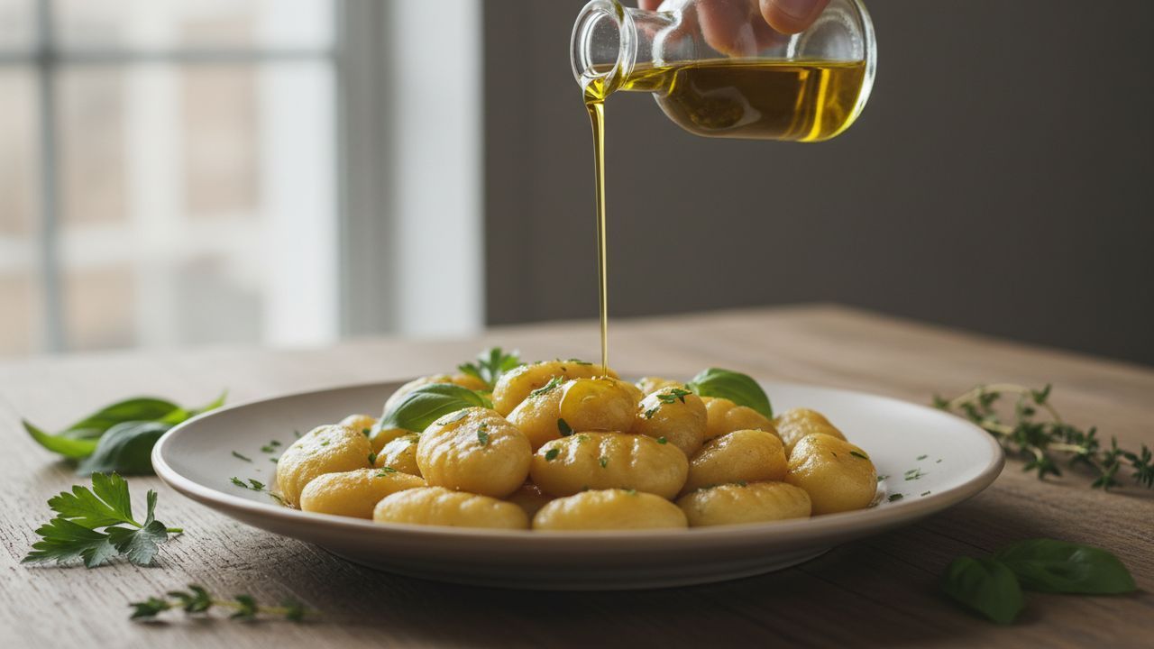 verser un filet d'huile d'olive sur les gnocchis