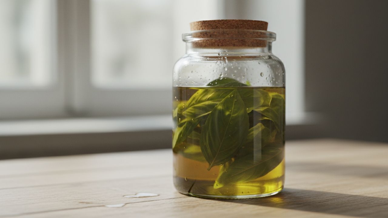Basilic dans de l'huile d'olive