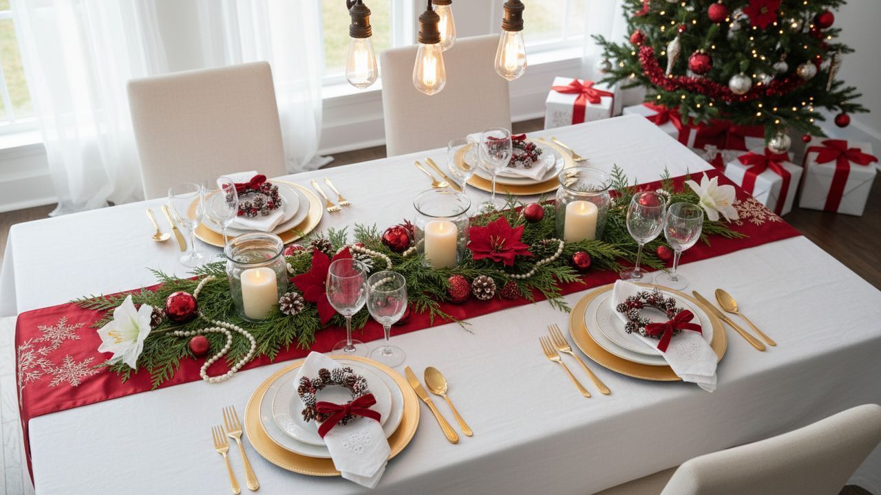 Belle table de Noël rouge et blanche