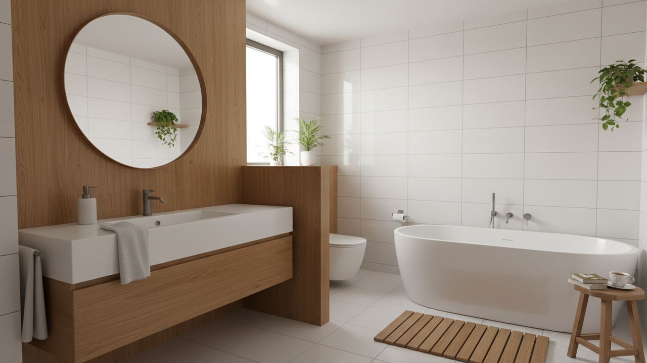 Décoration de salle de bains avec du bois et du blanc