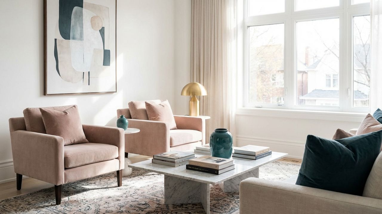 Bleu canard et le rose poudré pour créer un style d'intérieur chic et apaisant.