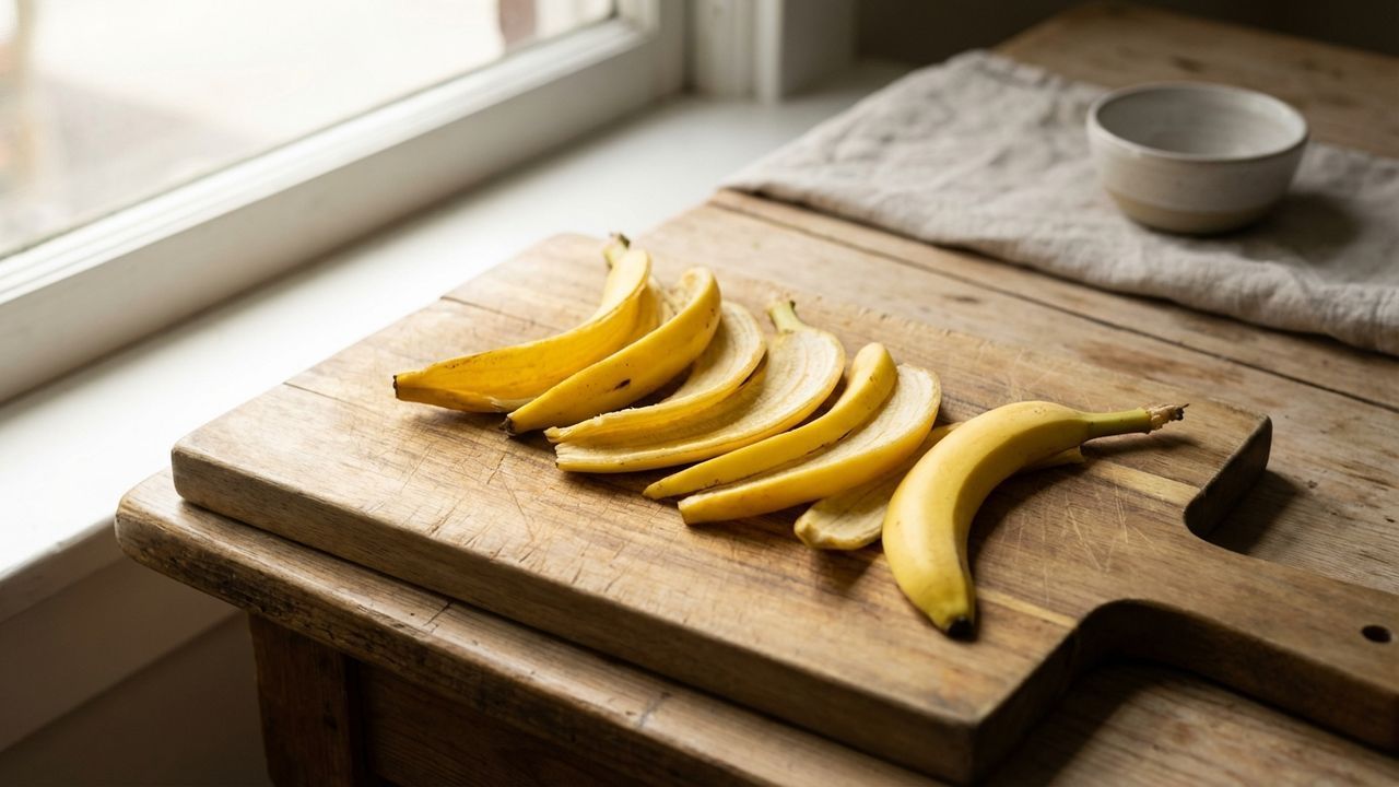 Peau de banane sur une planche à découper