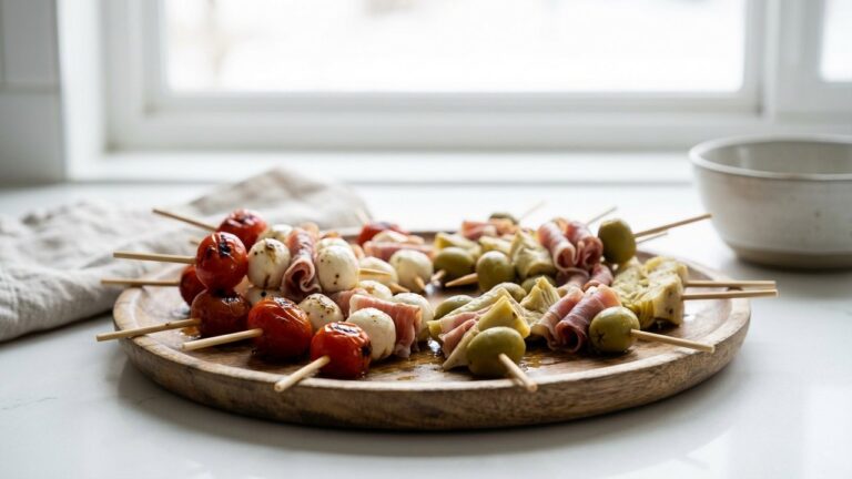 Brochettes apéro variées prêtes à servir avec fromage, légumes et charcuterie