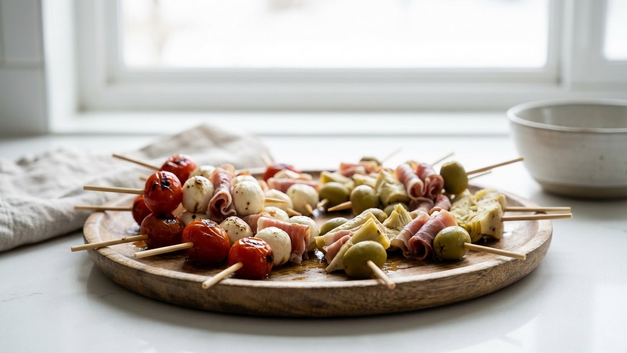 Brochettes apéro variées prêtes à servir avec fromage, légumes et charcuterie