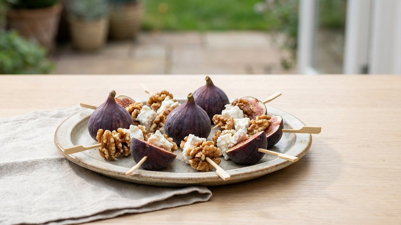 Brochettes figues-chèvre-noix filet de miel et thym frais