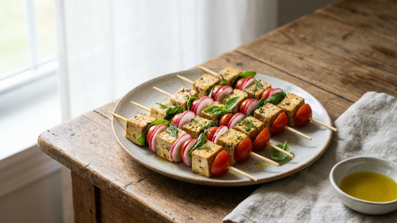 Brochettes tofu-radis-tomate-persil pour végétariens