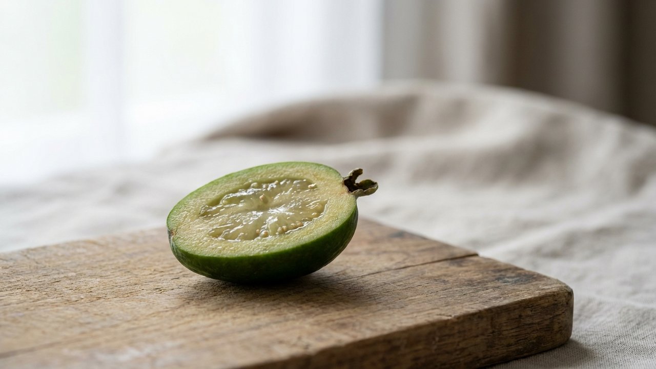 Feijoa coupé en deux révélant sa chair verte juteuse