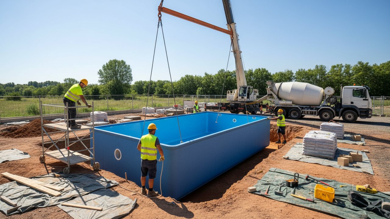 Installation d'une piscine creusée en coque polyester par des professionnels