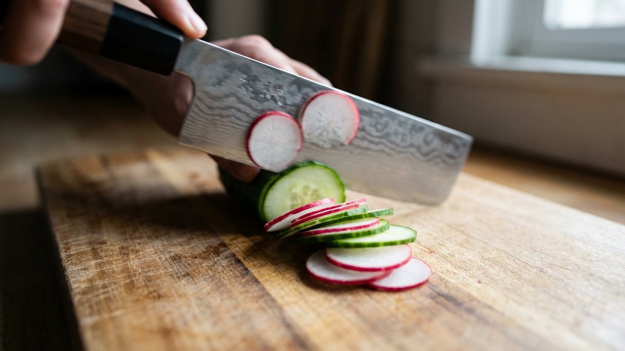 Lame de nakiri créant des coupes nettes et uniformes sur les légumes