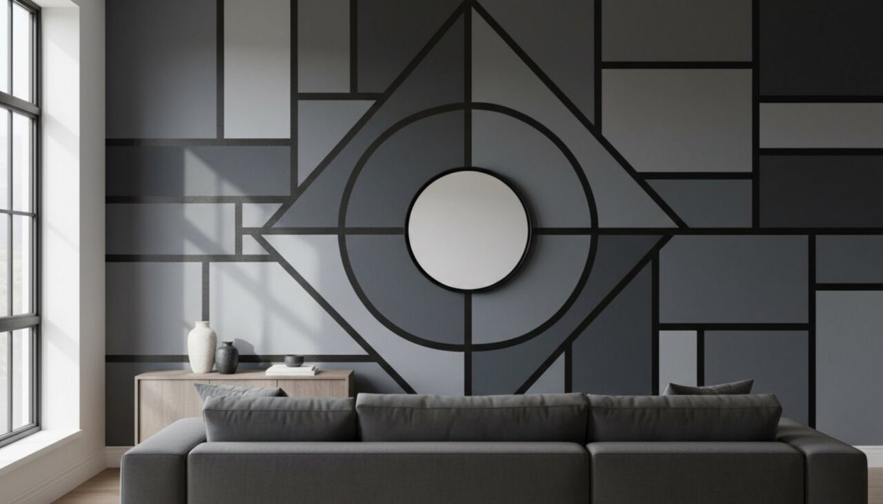 Mur de salon avec motifs géométriques gris et accents noirs