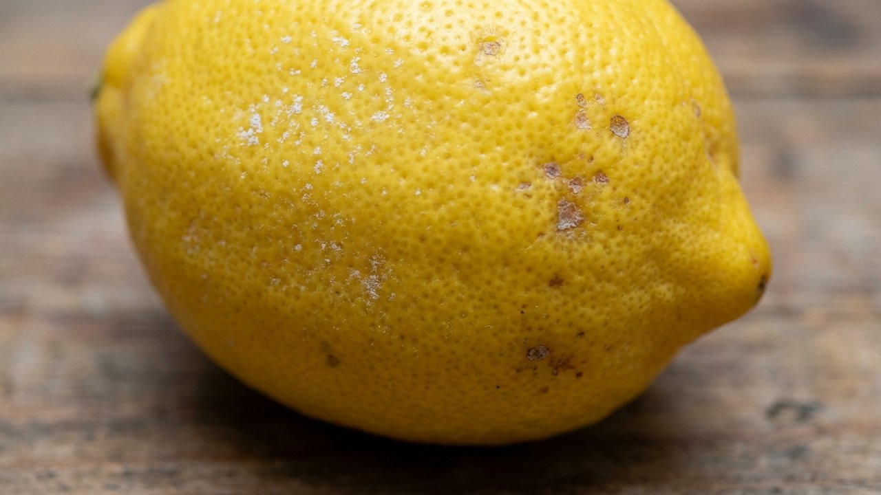 Détail de la peau d'un citron conventionnel traitée aux fongicides
