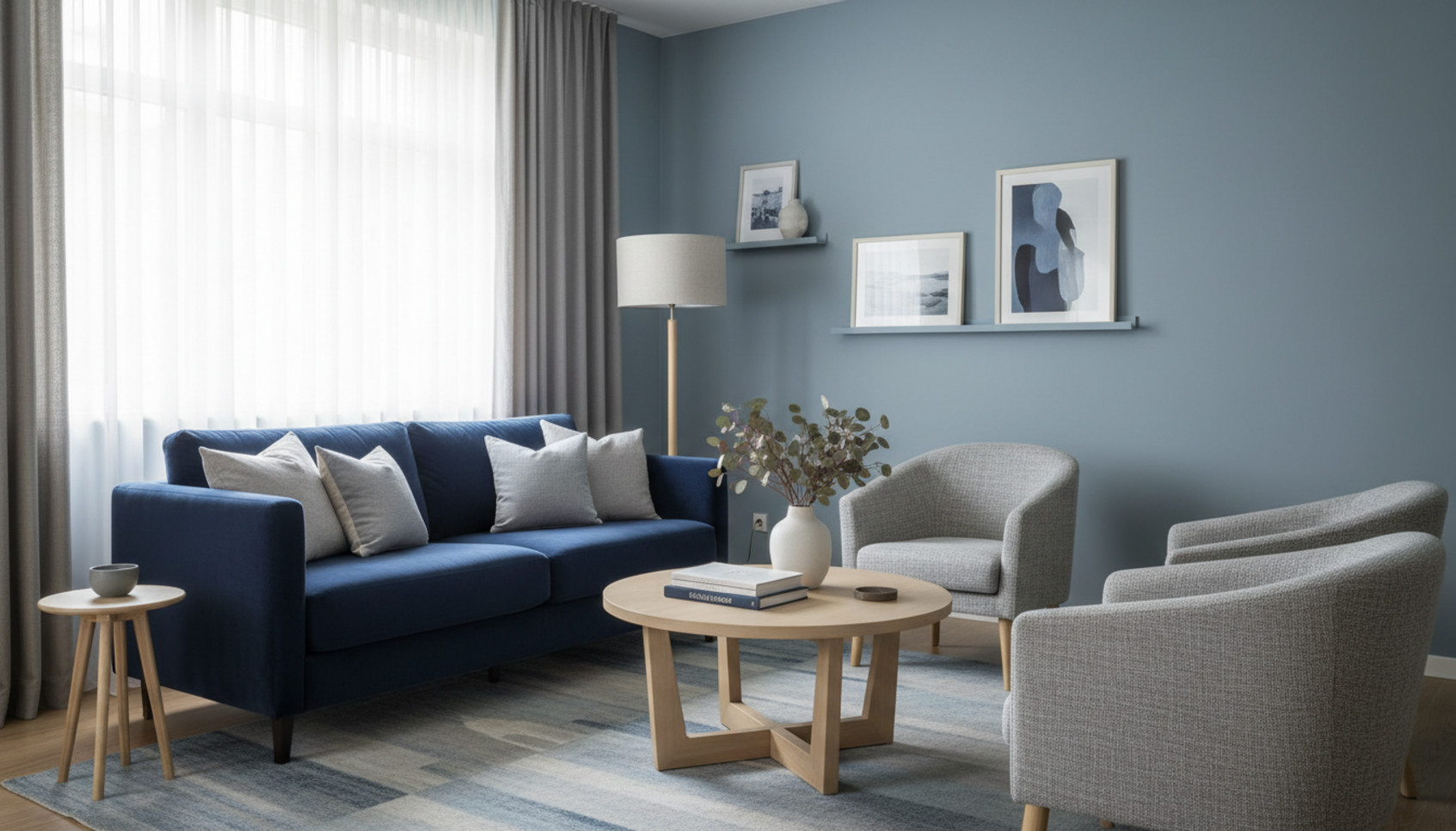 Petit salon en Connecting Blue avec mobilier gris et luminosité naturelle
