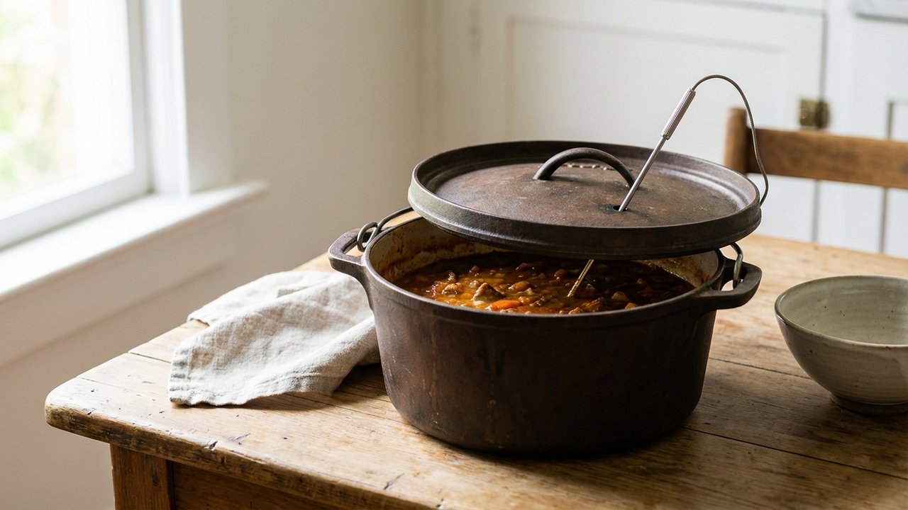 Vérification de la température d'un plat mijoté avec thermomètre