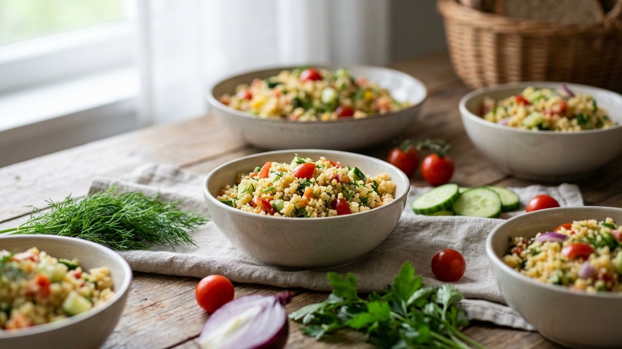 Salade de semoule avec herbes fraîches et légumes