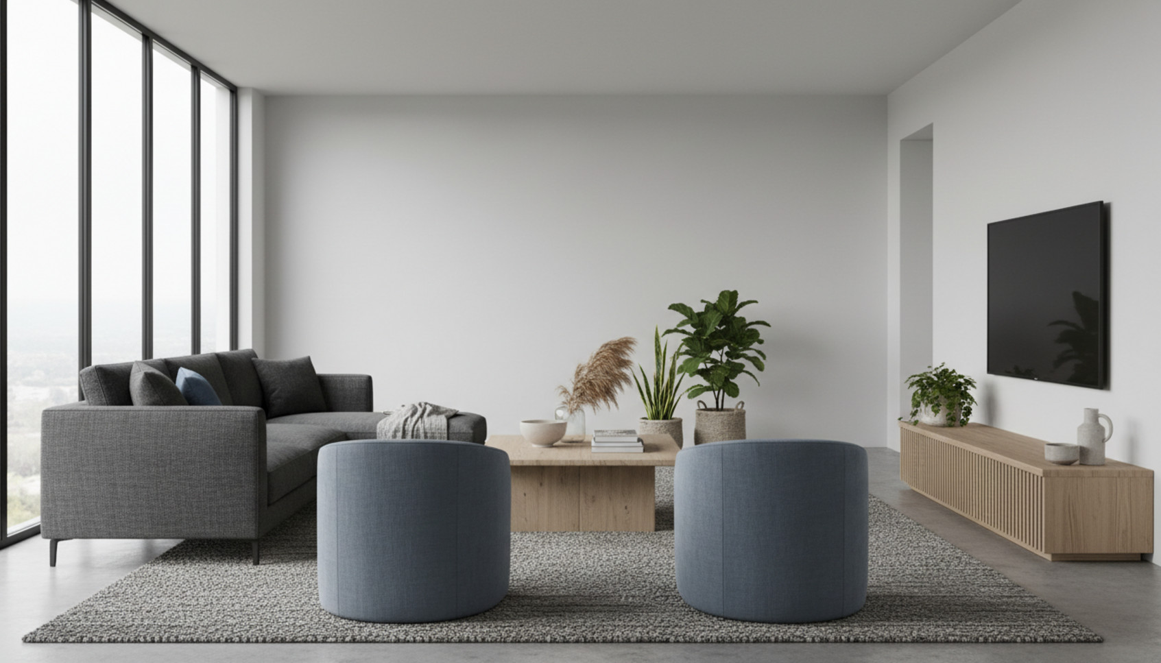 Salon avec décoration gris et bleu associant canapé, tapis et accessoires