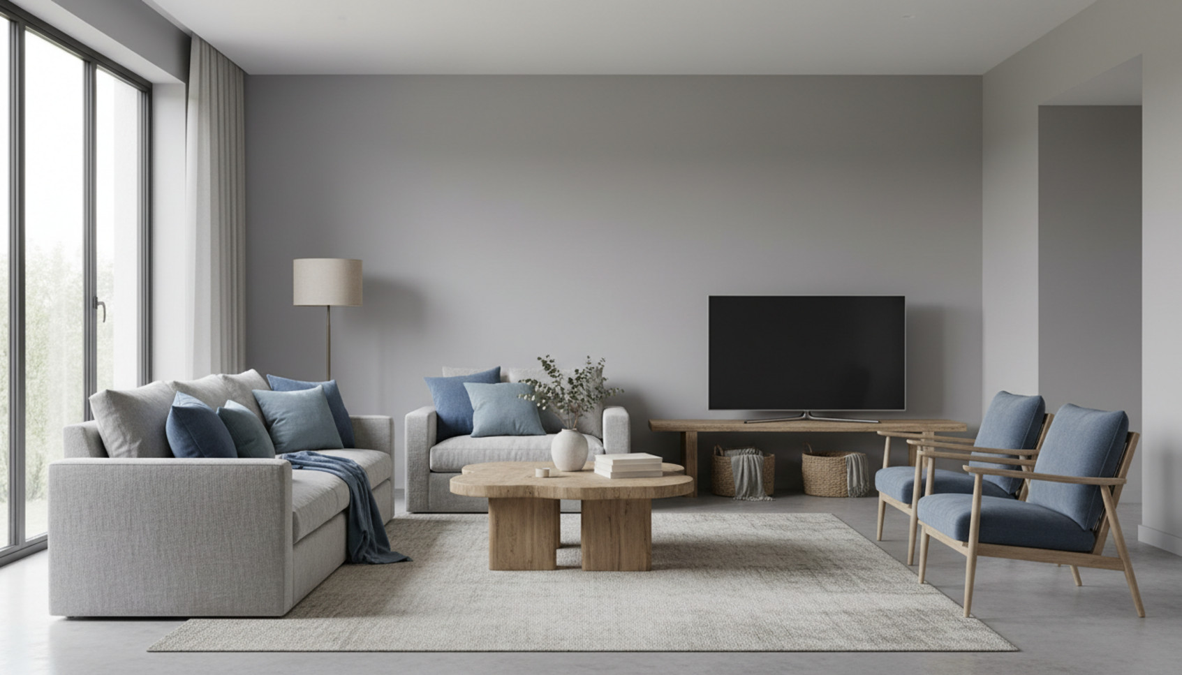 Ambiance salon gris et bleu avec lin, bois clair et plantes vertes