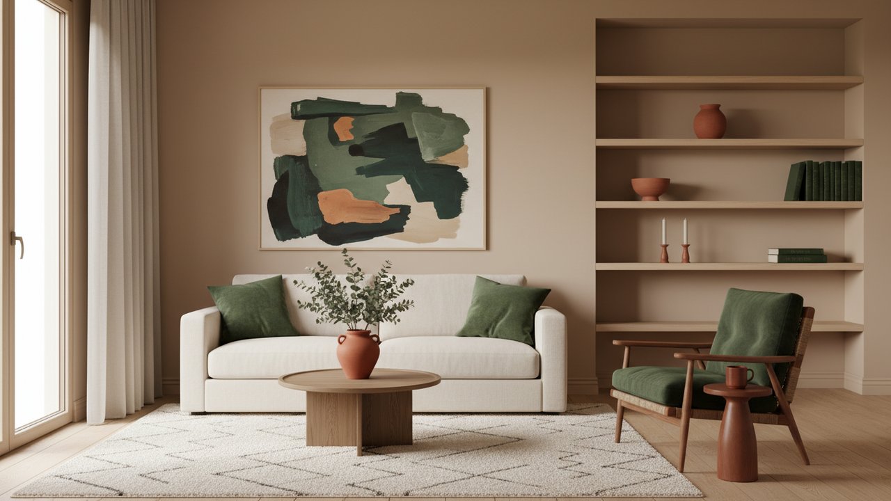 Palette beige et blanc rehaussée d'accents vert foncé et terracotta
