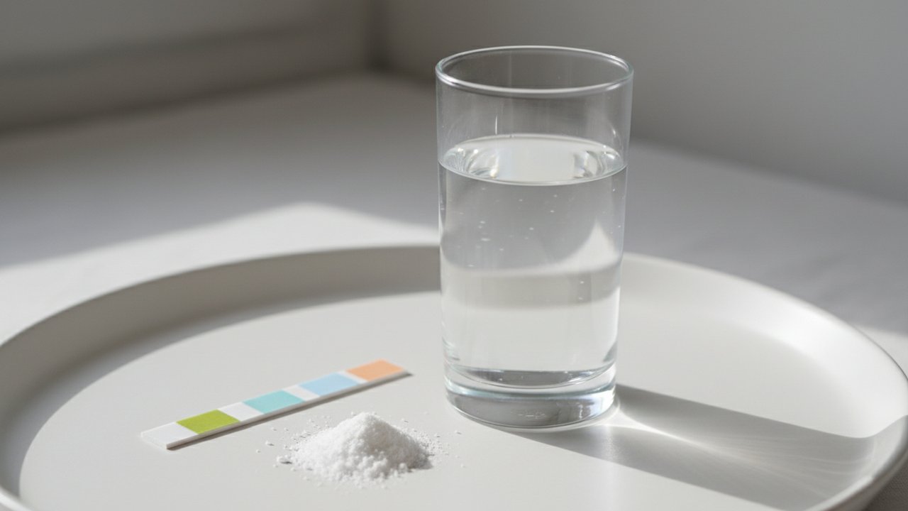 Verre d'eau alcalinisée avec bicarbonate de soude et bandelette pH