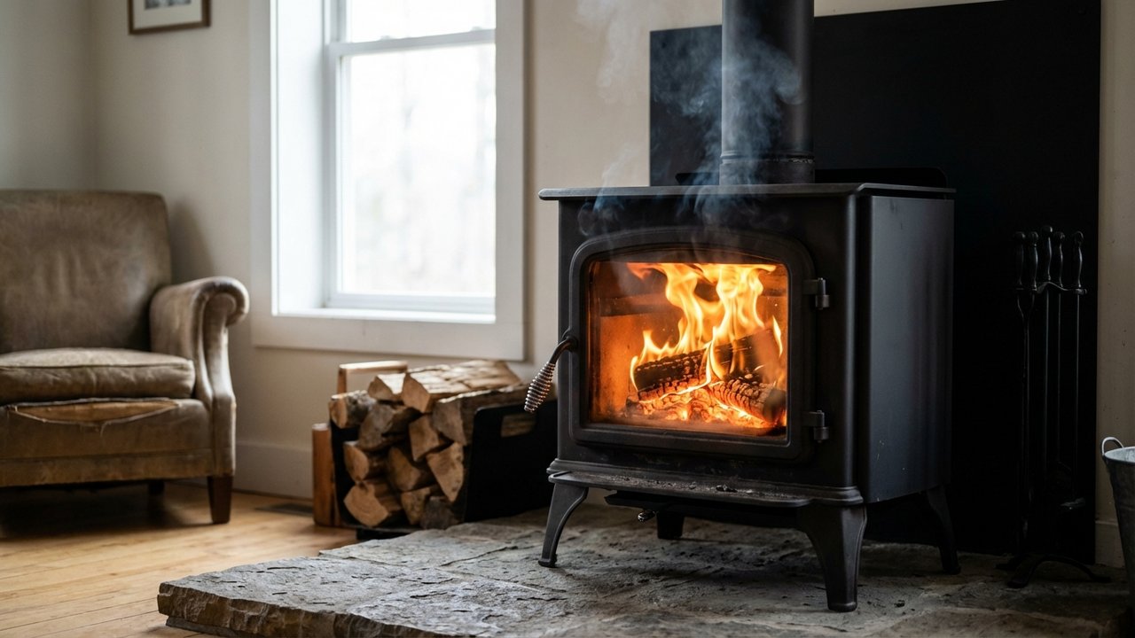 Allumage réussi d'un poêle à bois avec flammes vives