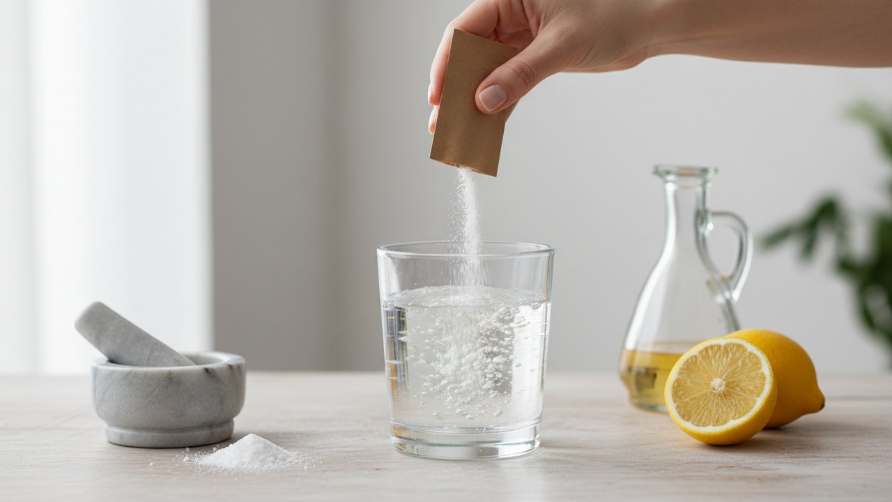 Ajout de bicarbonate de soude dans un verre d'eau pour alcaliniser