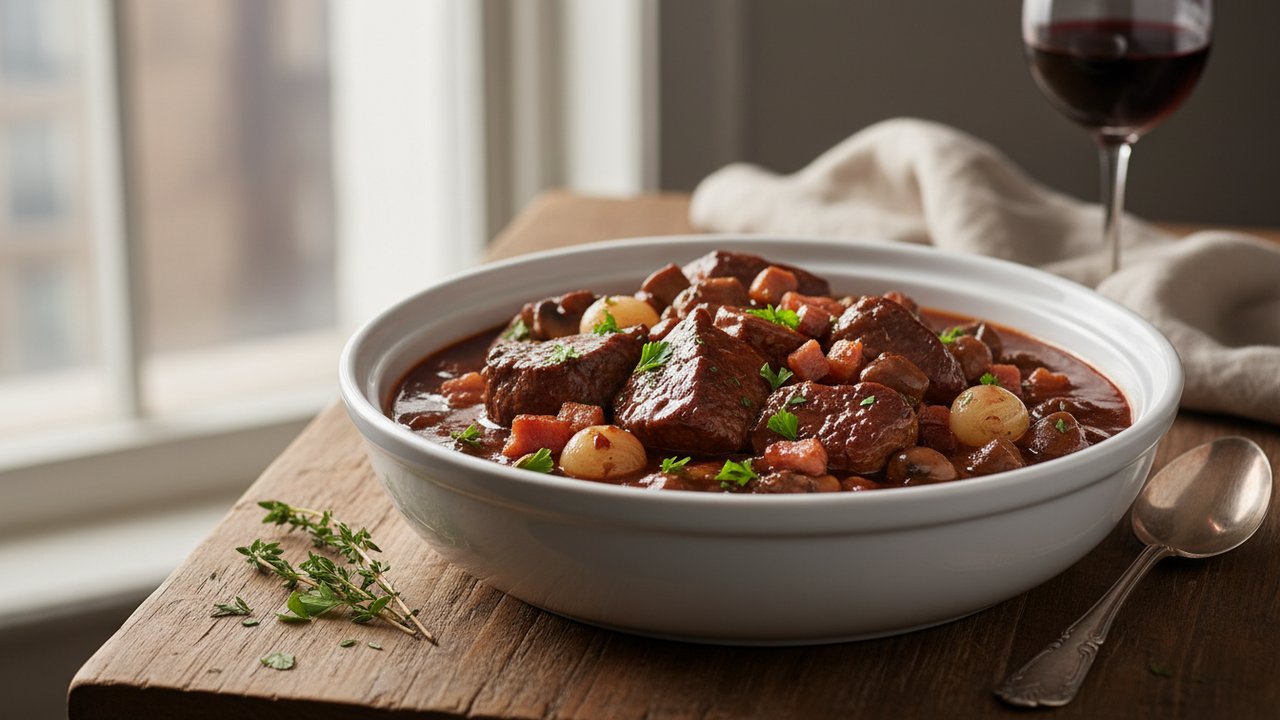 Bœuf bourguignon mijoté, plat classique pour 8 convives