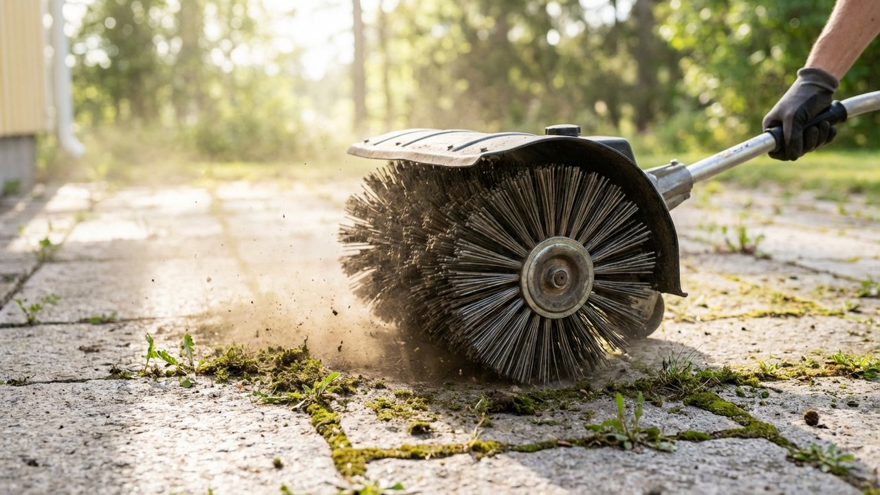 Élimination des mauvaises herbes entre les joints des pavés à la brosse rotative