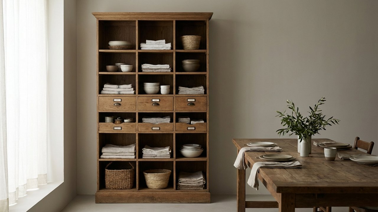 Buffet haut avec compartiments fermés et tiroirs pour ranger la vaisselle et les accessoires de table