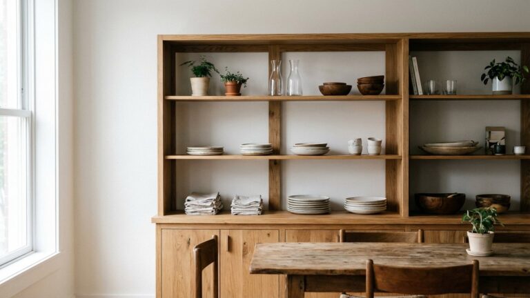 Buffet haut en bois avec rangements pour optimiser l'espace de la salle à manger