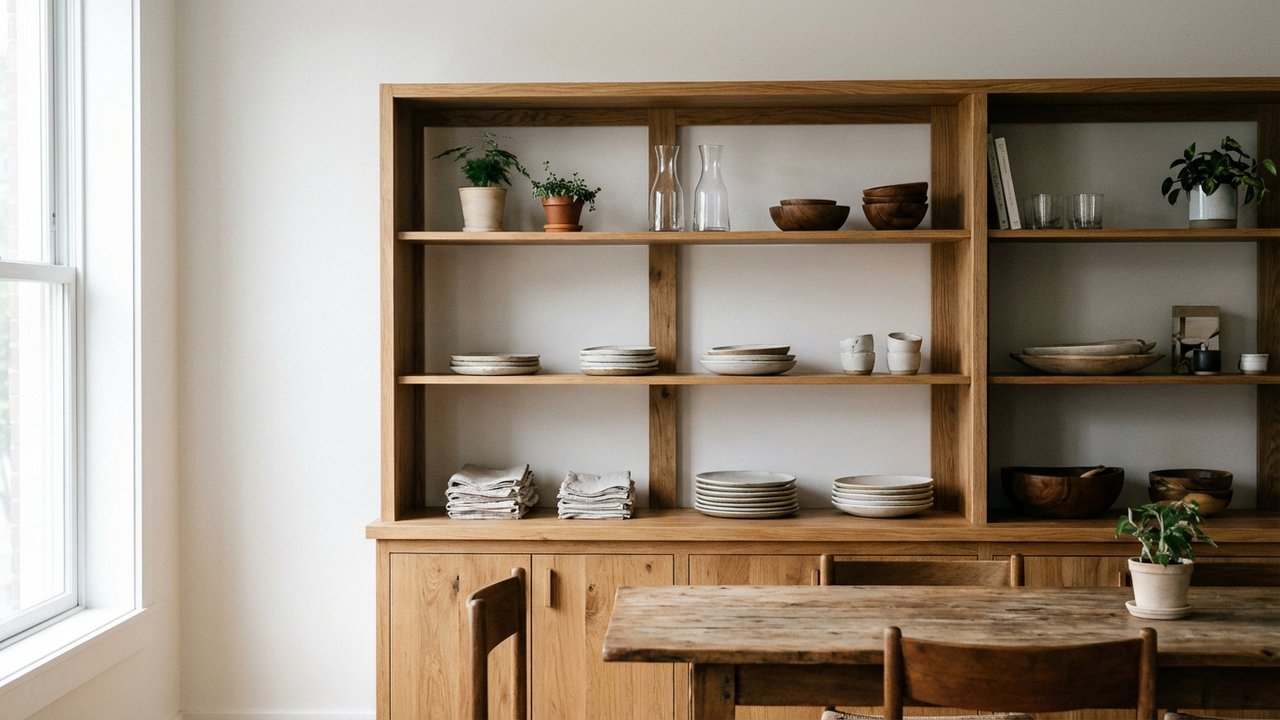 Buffet haut en bois avec rangements pour optimiser l'espace de la salle à manger