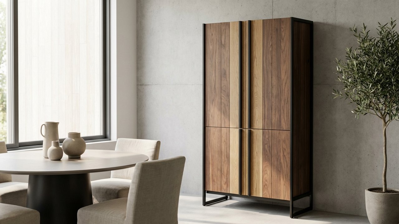 Buffet haut style contemporain en bois et métal noir pour habiller une salle à manger