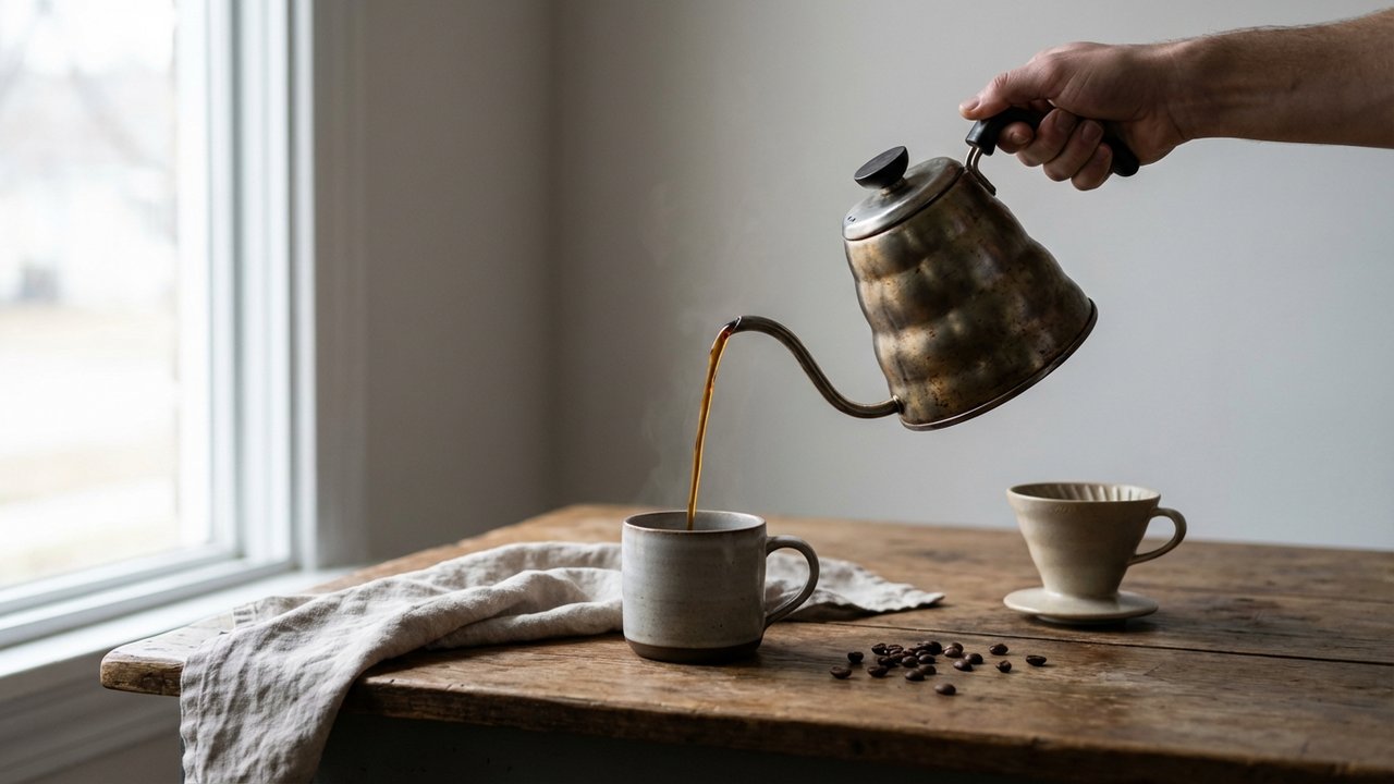 Café préparé sans cafetière versé dans une tasse