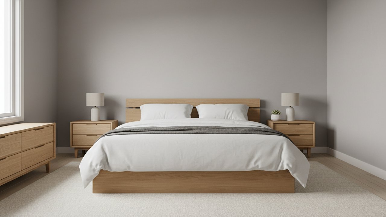 Chambre minimaliste gris et blanc avec bois naturel