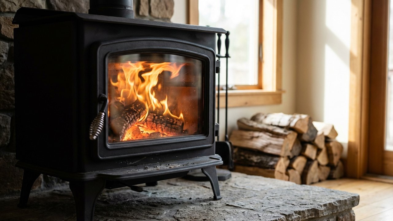 Poêle à bois en fonctionnement avec une combustion complète sans fumée