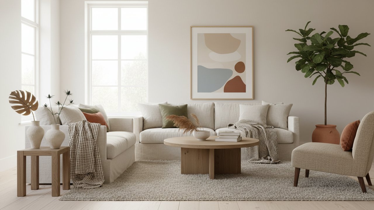 Salon beige et blanc avec textures naturelles et touches de couleur