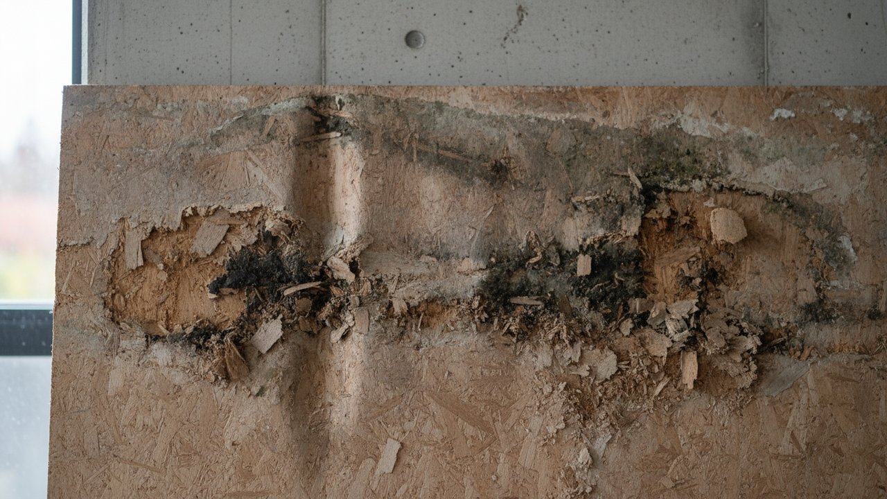 Détérioration d'un panneau aggloméré exposé à l'humidité